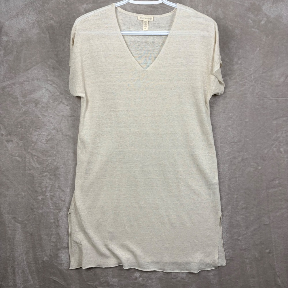 Eileen Fisher Linen Blend Top Womens S Cream Linen Knit V-Neck Tunic  Summer